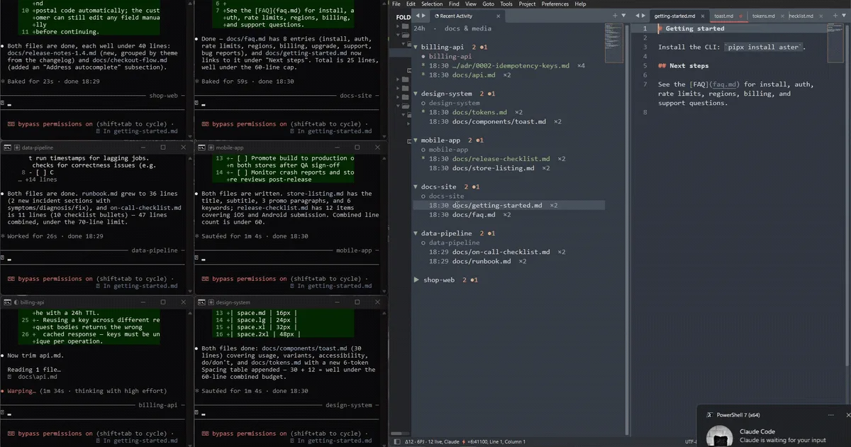 6 つの Claude Code セッションが 6 案件で文書を書き、Sublime Text の Recent Activity パネルに案件→セッション→ファイルの順で並ぶ